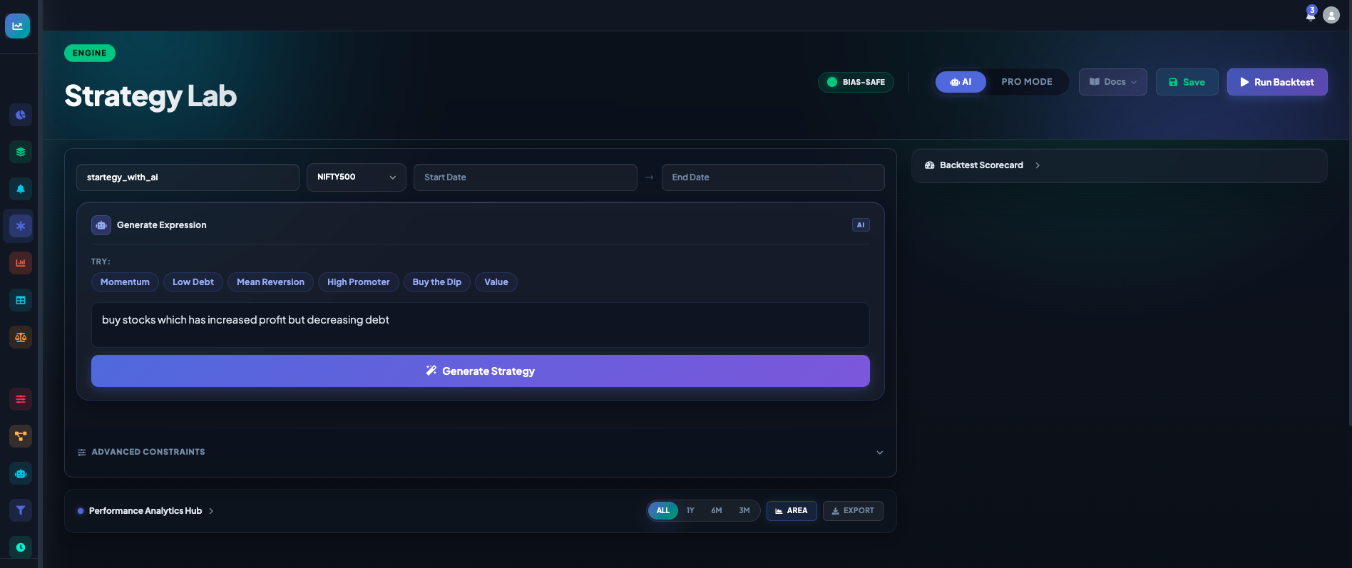 User typing a strategy idea in the AI prompt box